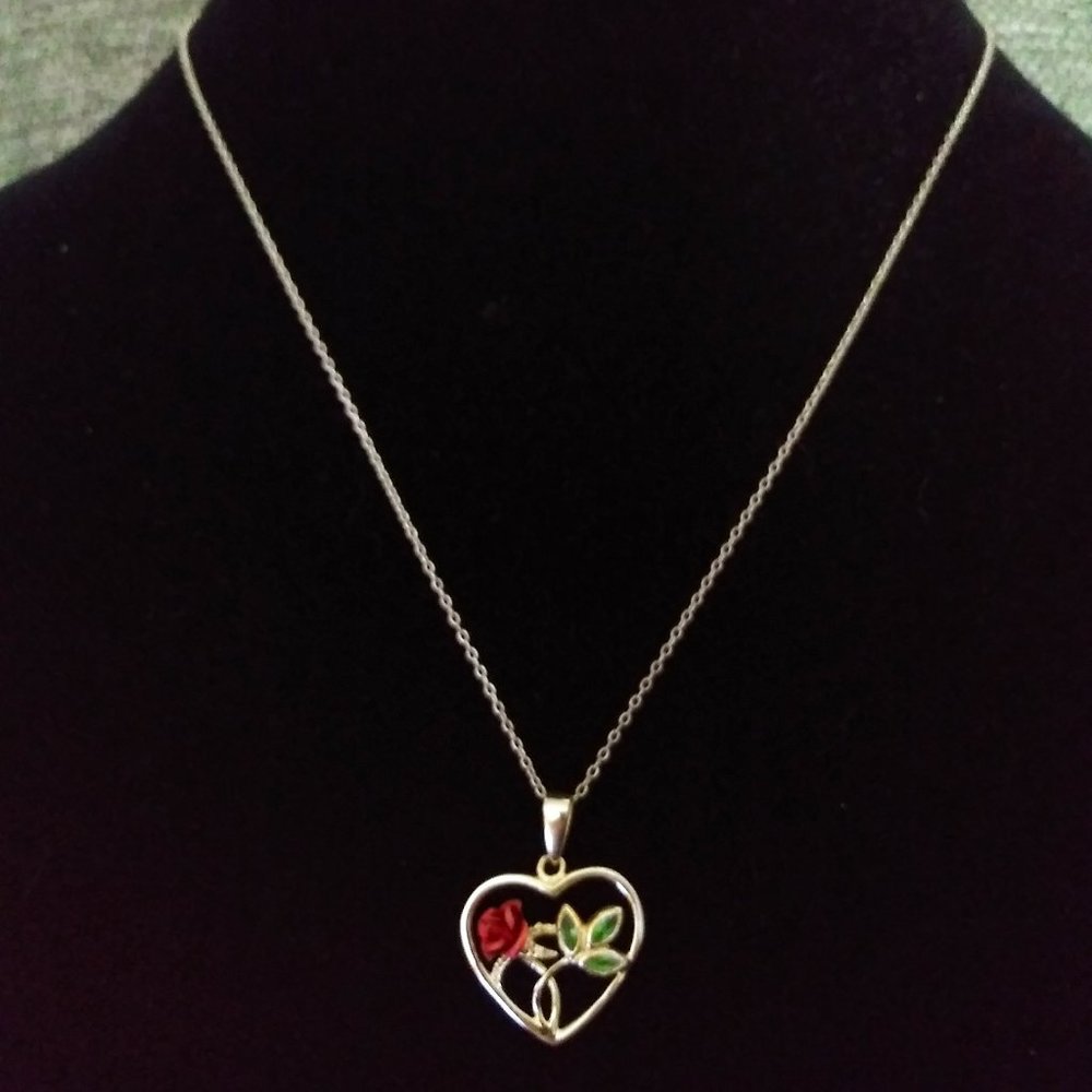 Vintage Sterling Silver Heart w/3-D Rose Necklace - Picture 9 of 11